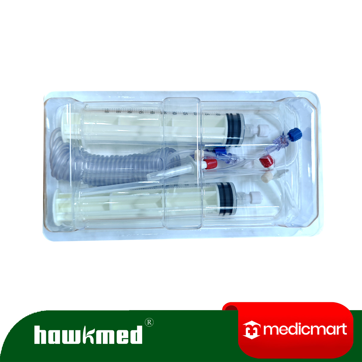 HawkMed-20008 High Pressure Syringe / Syringe Injector  / 2-60ml Syringe 1-250cm Y Connection Tube Two Valves 1-Short Spike 1-Long Spike - Image 1