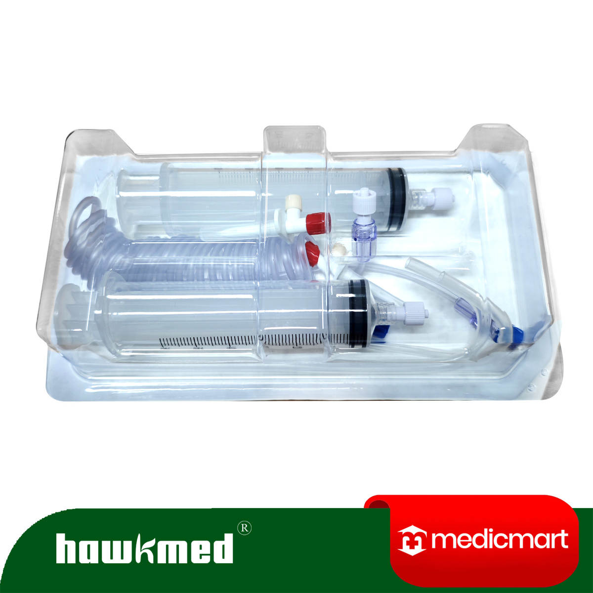 HawkMed-20021 High Pressure Syringe / Syringe Injector / 2-60ml Syringe1-250cm Y Connecting Tube Two Valves1-Short Spike1-Long Spike - Image 1
